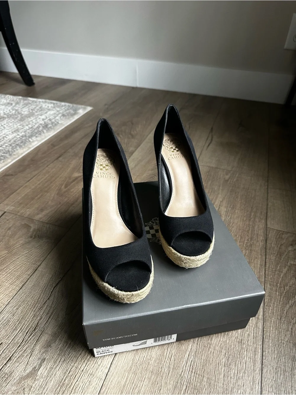 Vince Camuto Black Peep-Toe Espadrille Wedge Sandals
